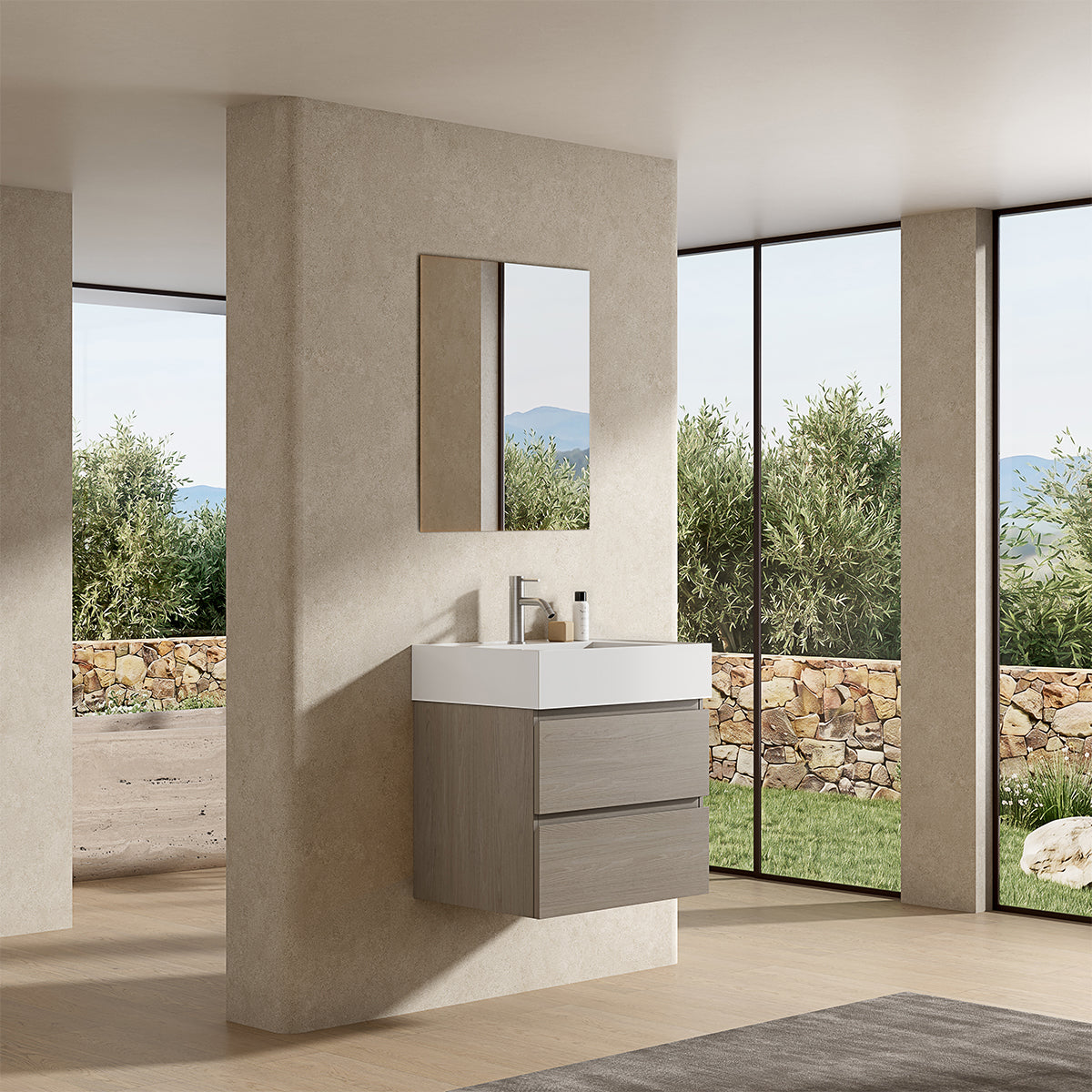 Mobile bagno sospeso 60 cm Beige Lavabo in Resina Specchio Quadro - Fiji Wood