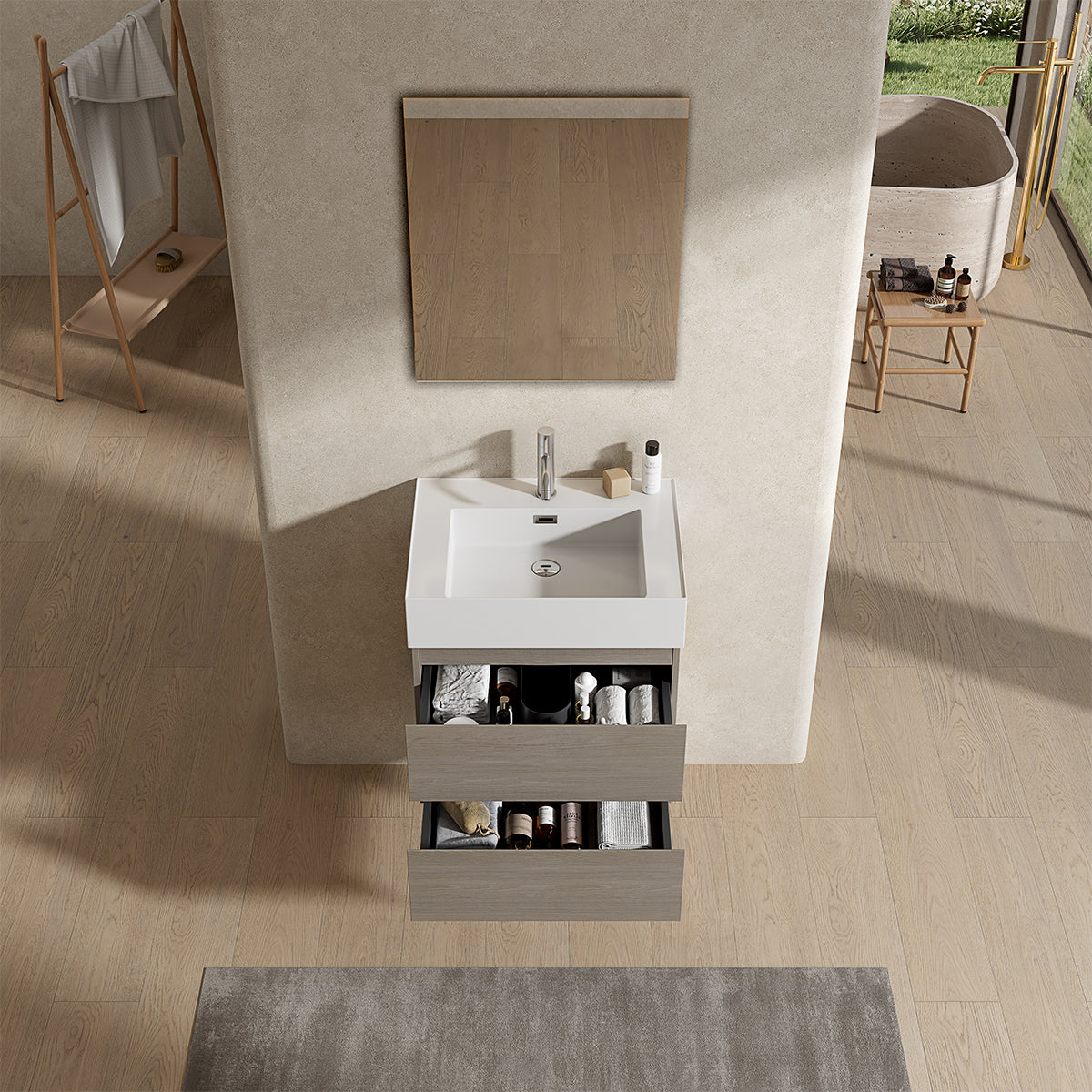 Mobile bagno sospeso 60 cm Beige Lavabo in Resina Specchio Quadro - Fiji Wood