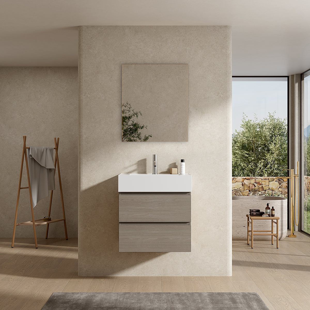 Mobile bagno sospeso 60 cm Beige Lavabo in Resina Specchio Quadro - Fiji Wood
