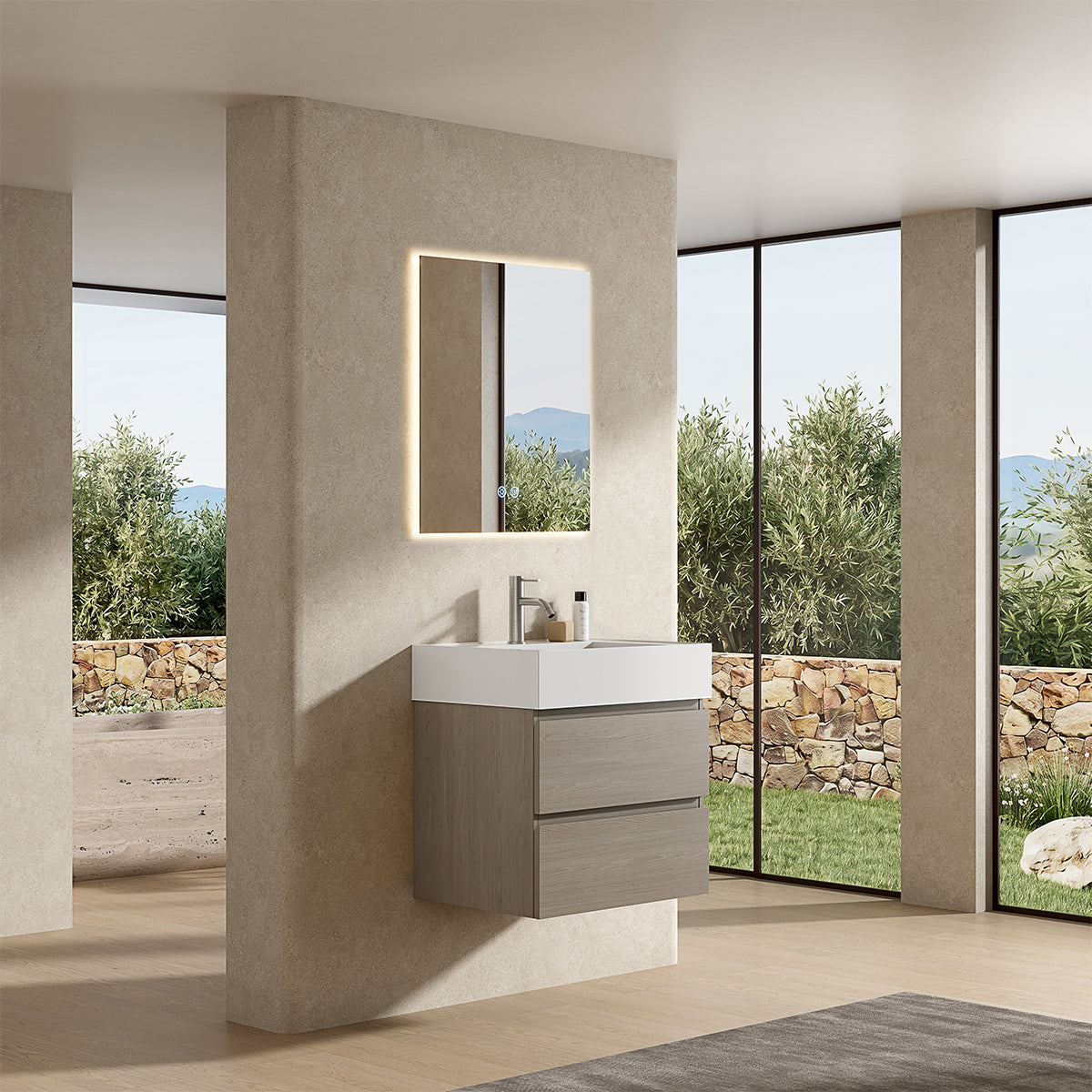 Mobile bagno sospeso 60 cm Beige Lavabo in Resina Specchio Quadro Retroilluminato - Fiji Wood