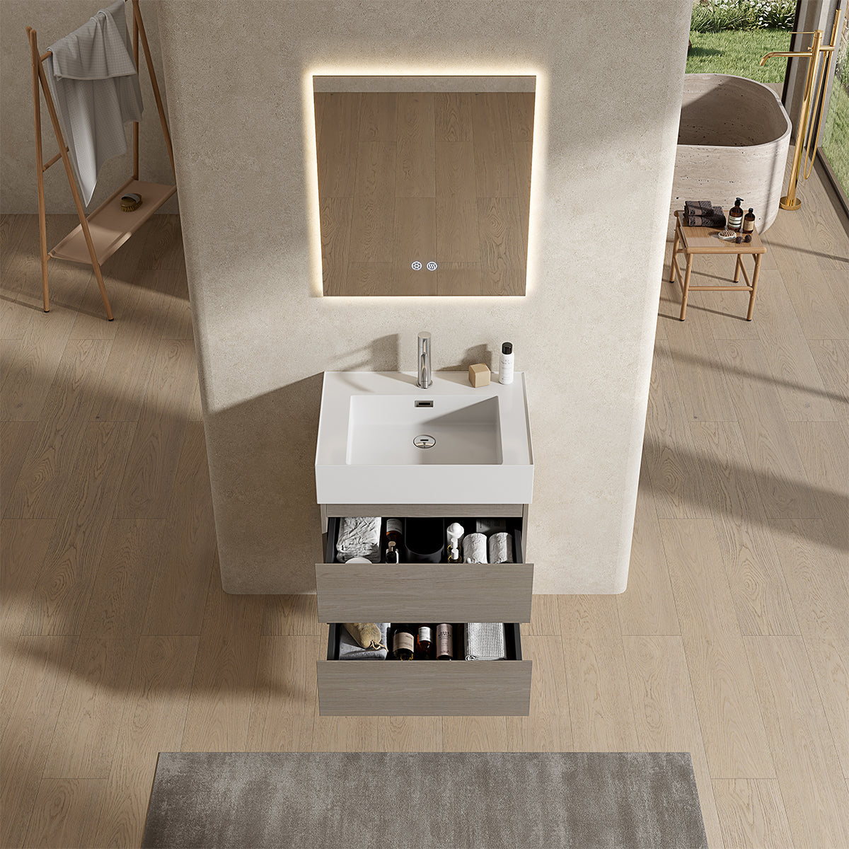 Mobile bagno sospeso 60 cm Beige Lavabo in Resina Specchio Quadro Retroilluminato - Fiji Wood