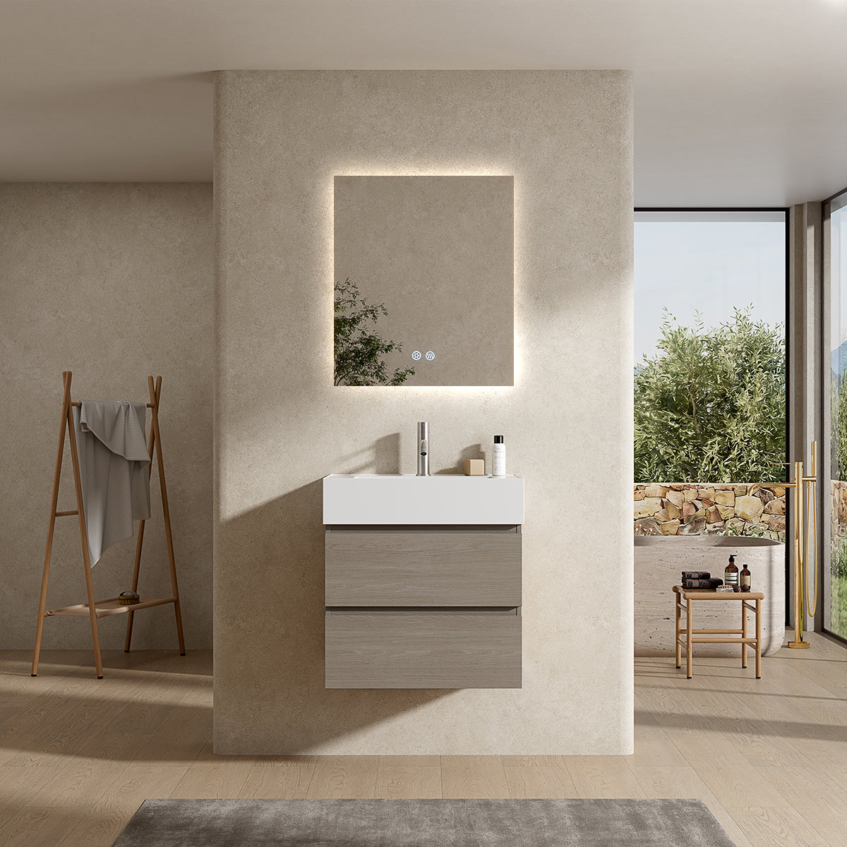 Mobile bagno sospeso 60 cm Beige Lavabo in Resina Specchio Quadro Retroilluminato - Fiji Wood