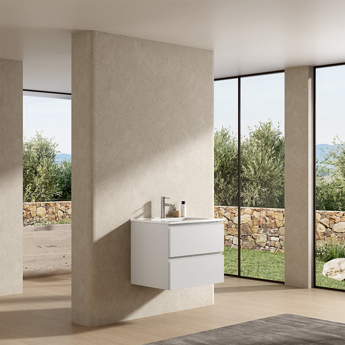 Mobile bagno sospeso 60 cm Bianco Lavabo in Ceramica Senza Specchio - Fiji Wood