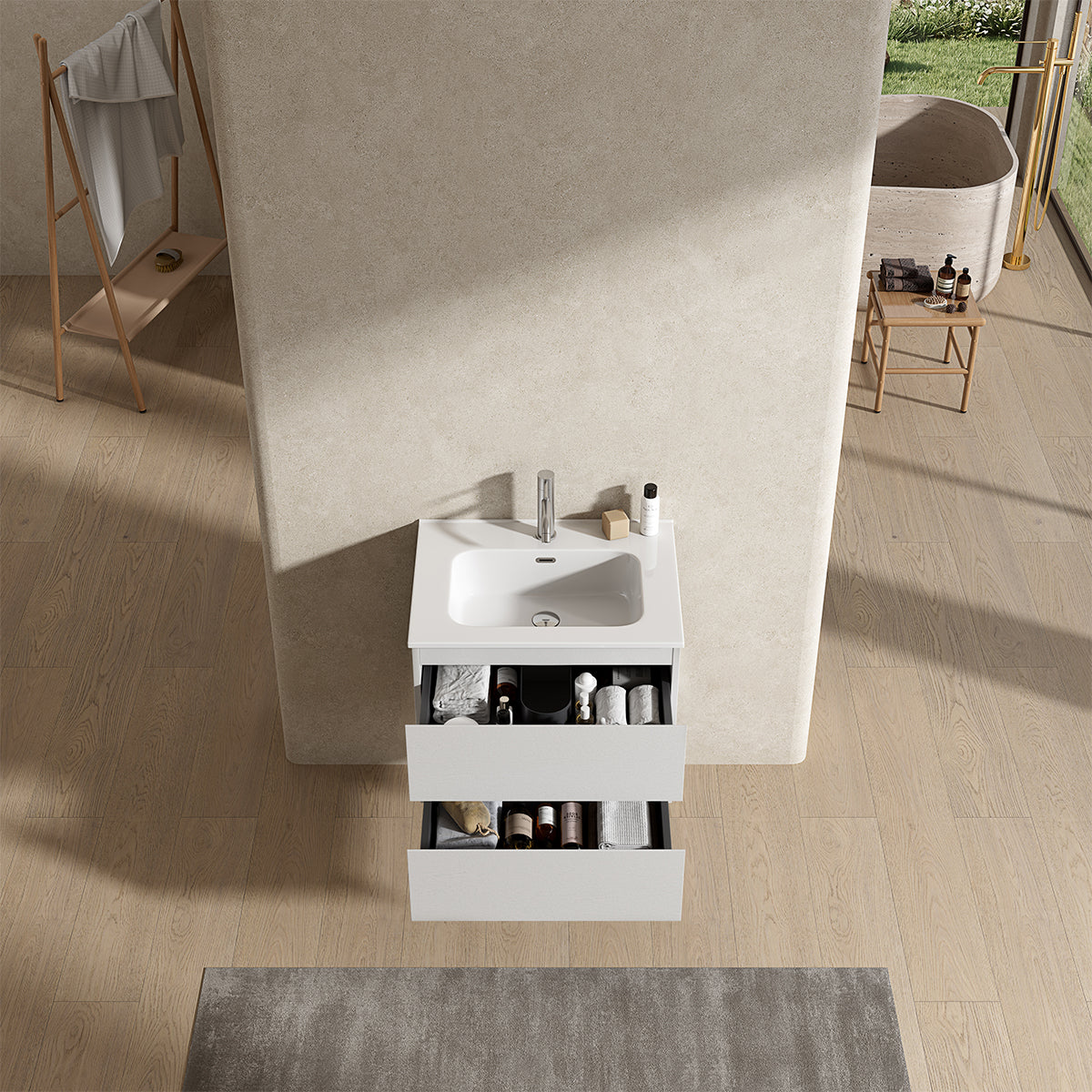 Mobile bagno sospeso 60 cm Bianco Lavabo in Ceramica Senza Specchio - Fiji Wood