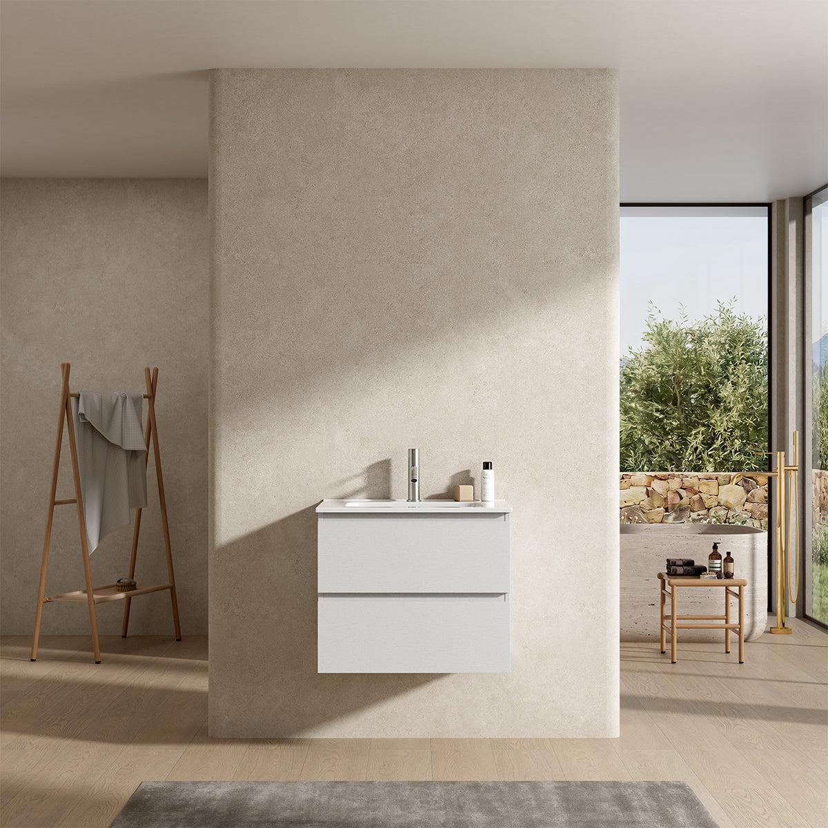 Mobile bagno sospeso 60 cm Bianco Lavabo in Ceramica Senza Specchio - Fiji Wood