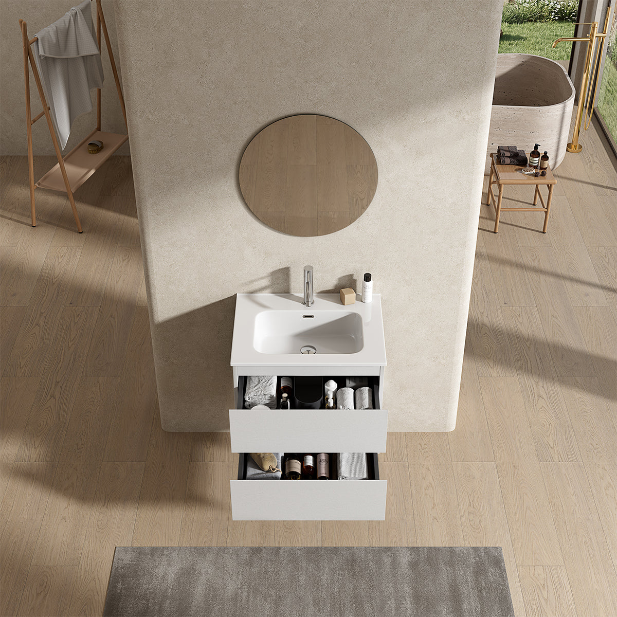 Mobile bagno sospeso 60 cm Bianco Lavabo in Ceramica Specchio Tondo - Fiji Wood