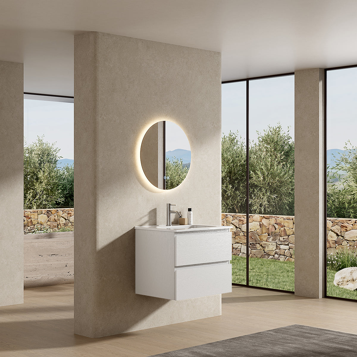 Mobile bagno sospeso 60 cm Bianco Lavabo in Ceramica Specchio Tondo Retroilluminato - Fiji Wood
