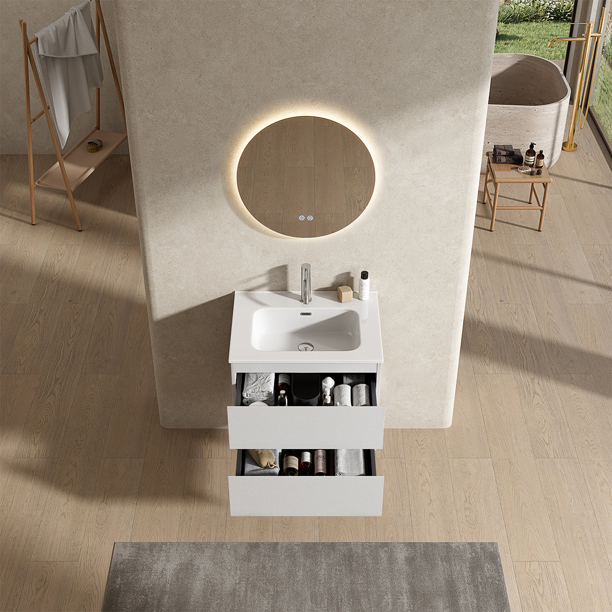 Mobile bagno sospeso 60 cm Bianco Lavabo in Ceramica Specchio Tondo Retroilluminato - Fiji Wood