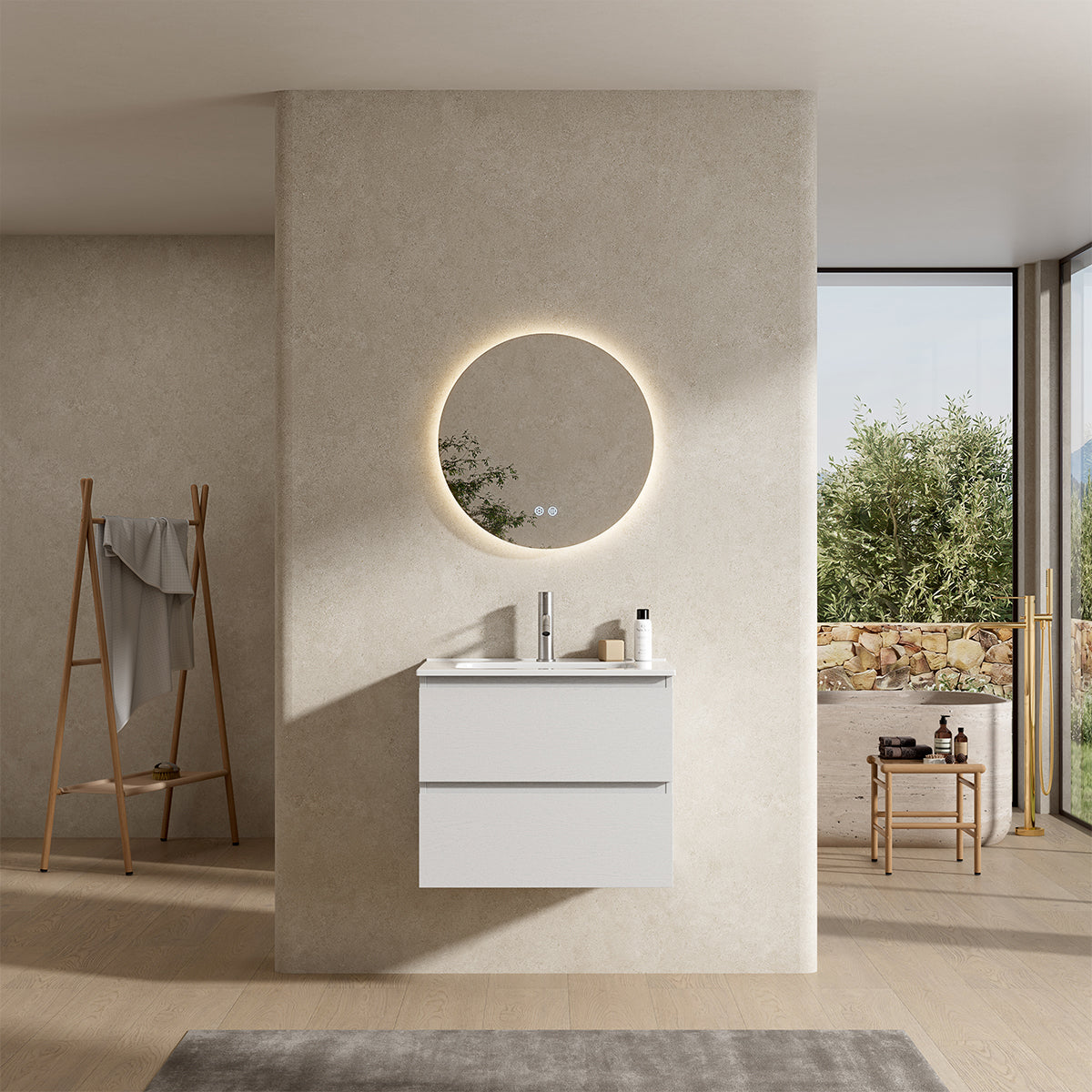 Mobile bagno sospeso 60 cm Bianco Lavabo in Ceramica Specchio Tondo Retroilluminato - Fiji Wood