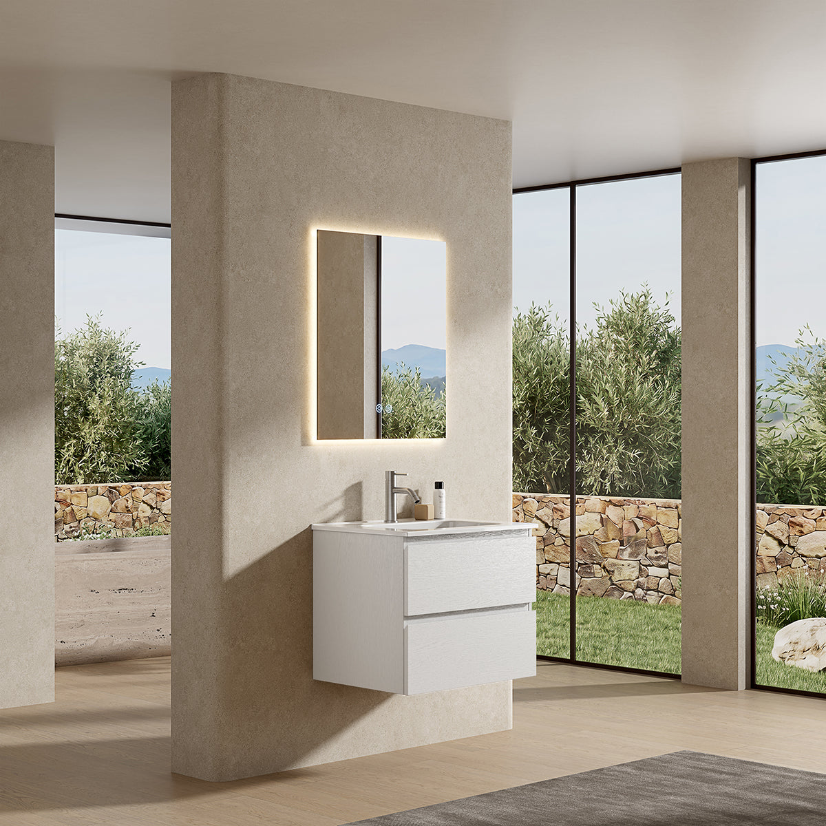 Mobile bagno sospeso 60 cm Bianco Lavabo in Ceramica Specchio Quadro Retroilluminato - Fiji Wood