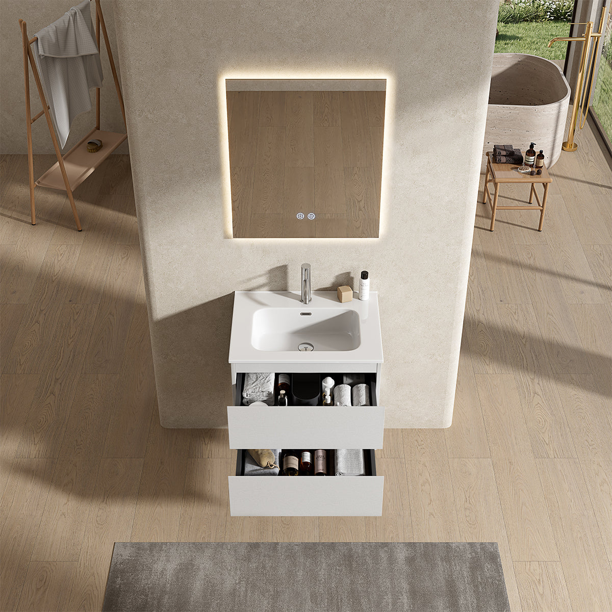 Mobile bagno sospeso 60 cm Bianco Lavabo in Ceramica Specchio Quadro Retroilluminato - Fiji Wood