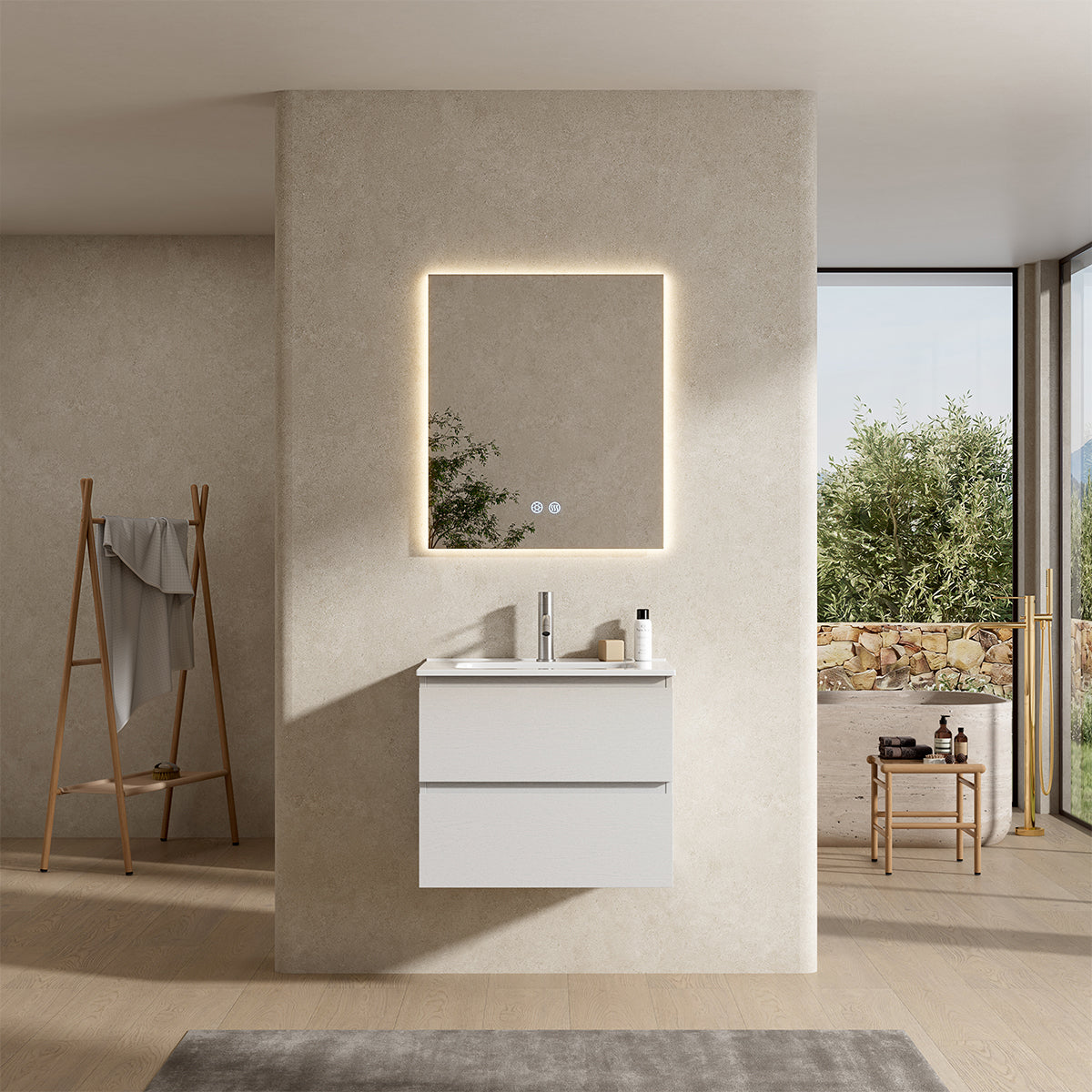 Mobile bagno sospeso 60 cm Bianco Lavabo in Ceramica Specchio Quadro Retroilluminato - Fiji Wood