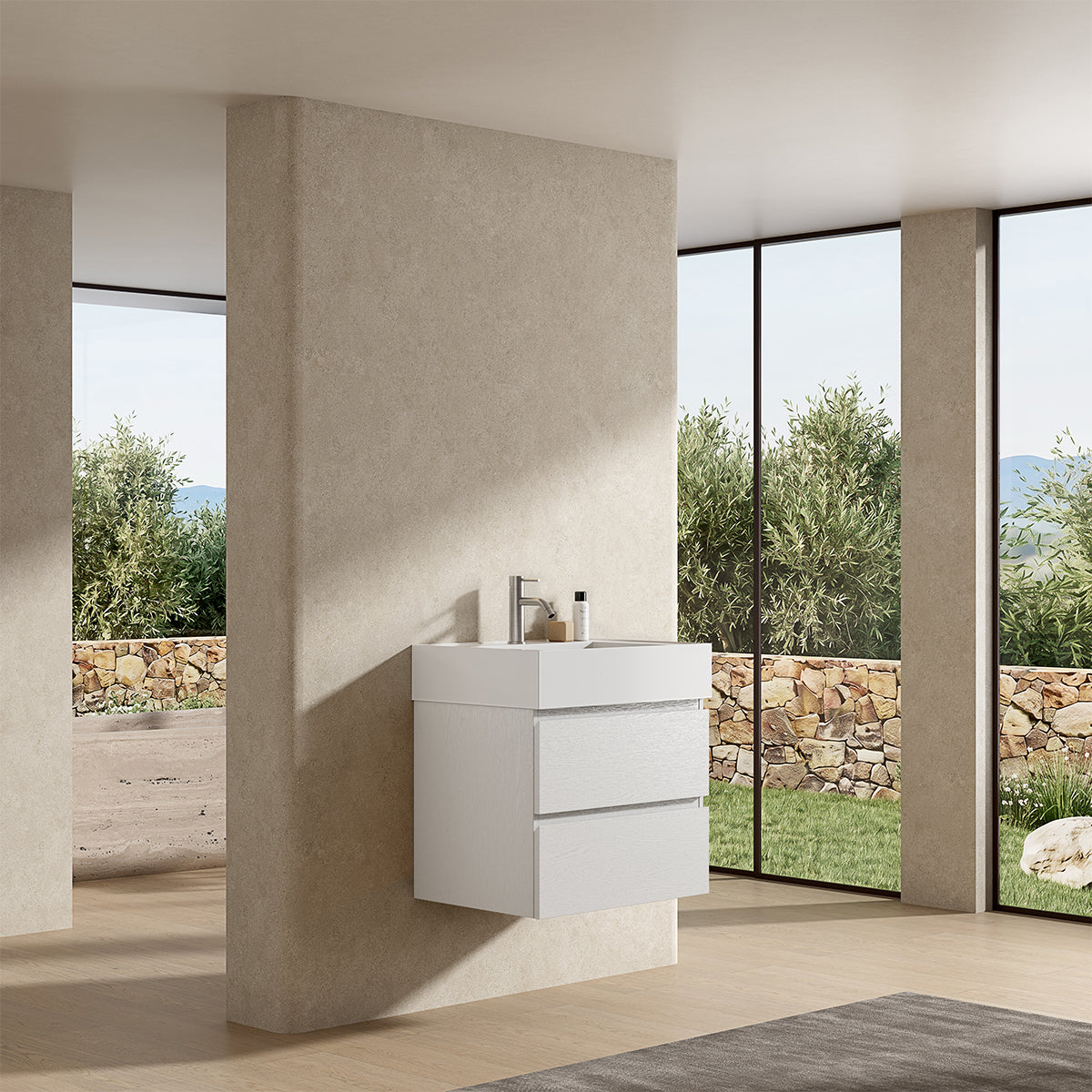 Mobile bagno sospeso 60 cm Bianco Lavabo in Resina Senza Specchio - Fiji Wood