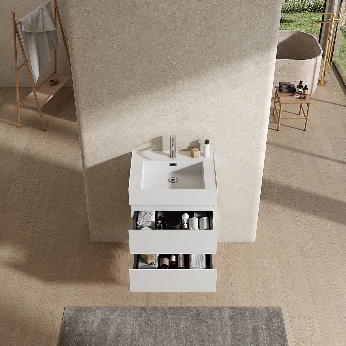 Mobile bagno sospeso 60 cm Bianco Lavabo in Resina Senza Specchio - Fiji Wood
