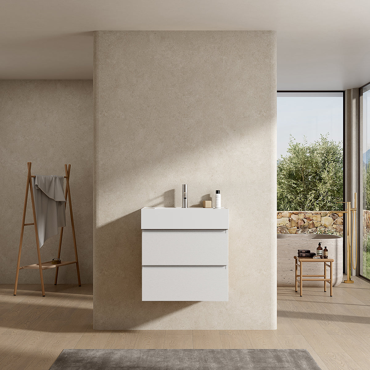 Mobile bagno sospeso 60 cm Bianco Lavabo in Resina Senza Specchio - Fiji Wood