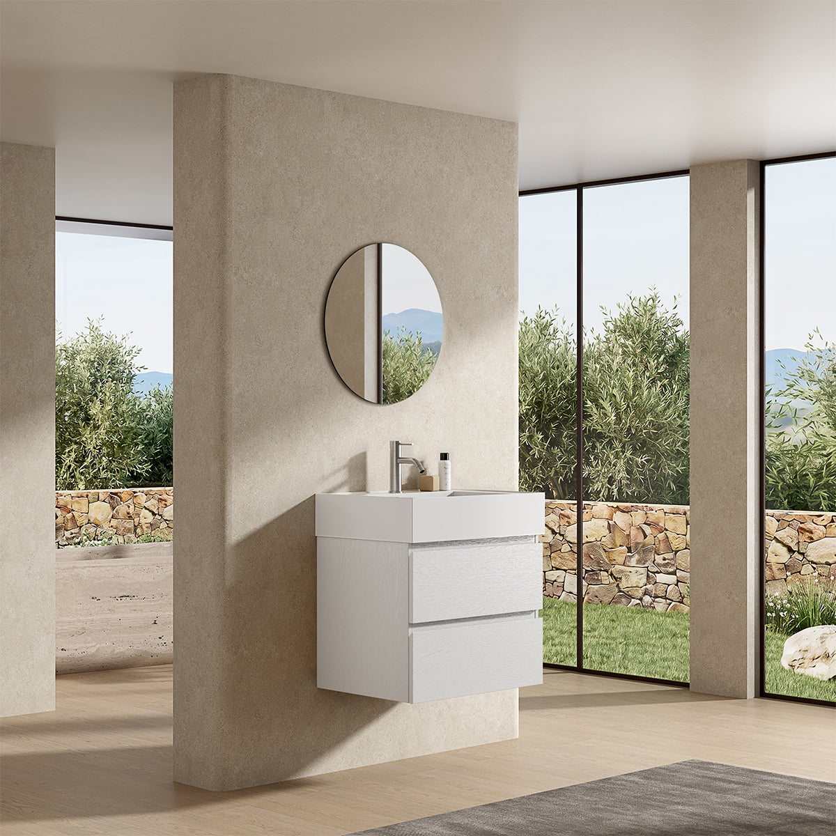 Mobile bagno sospeso 60 cm Bianco Lavabo in Resina Specchio Tondo - Fiji Wood