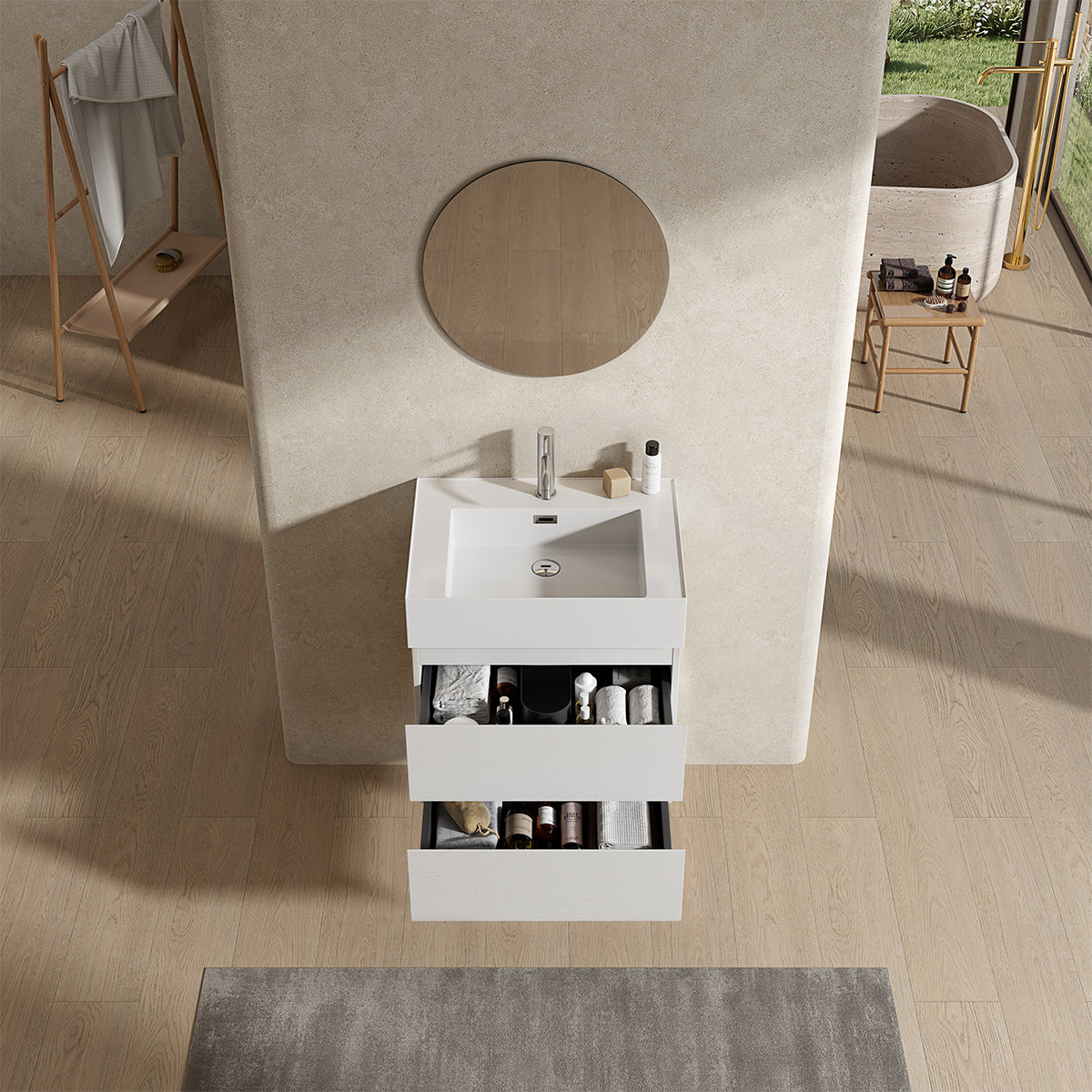 Mobile bagno sospeso 60 cm Bianco Lavabo in Resina Specchio Tondo - Fiji Wood