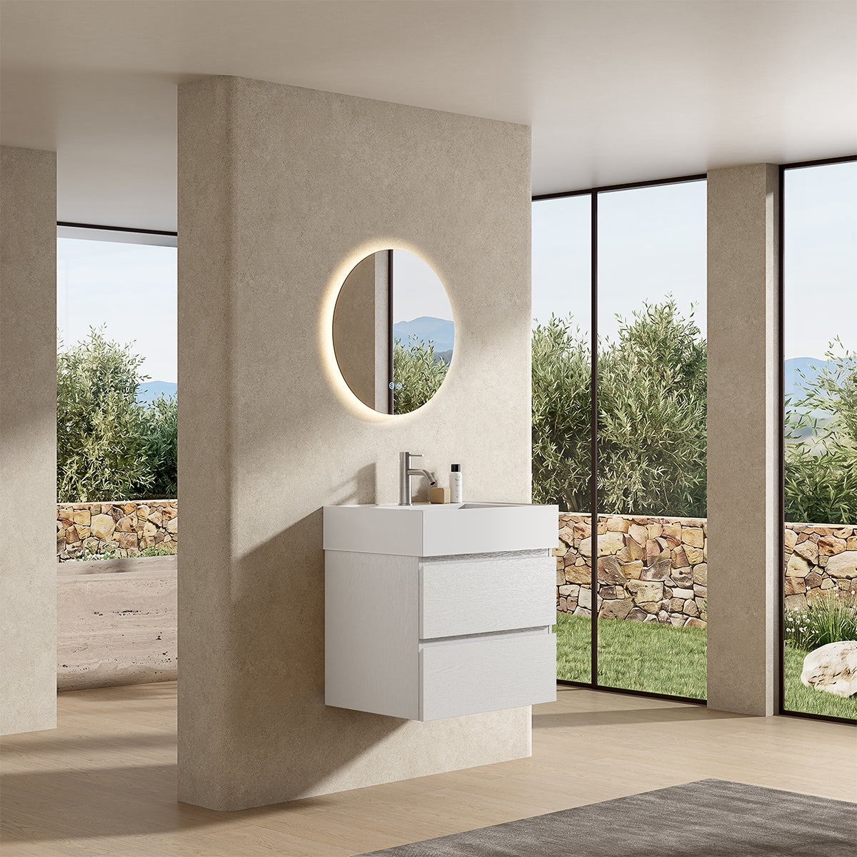 Mobile bagno sospeso 60 cm Bianco Lavabo in Resina Specchio Tondo Retroilluminato - Fiji Wood