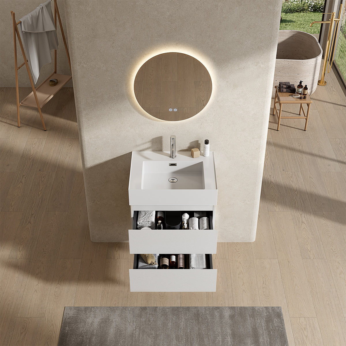 Mobile bagno sospeso 60 cm Bianco Lavabo in Resina Specchio Tondo Retroilluminato - Fiji Wood