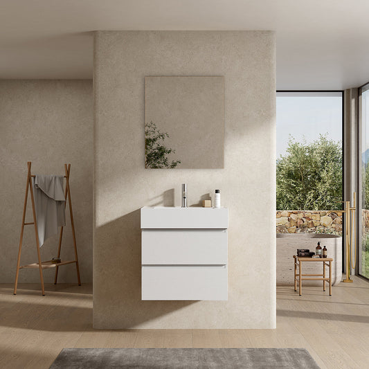 Mobile bagno sospeso 60 cm Bianco Lavabo in Resina Specchio Quadro - Fiji Wood