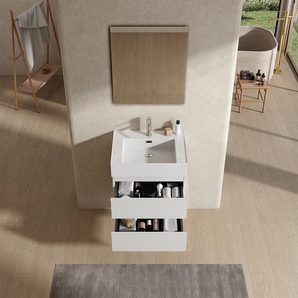 Mobile bagno sospeso 60 cm Bianco Lavabo in Resina Specchio Quadro - Fiji Wood