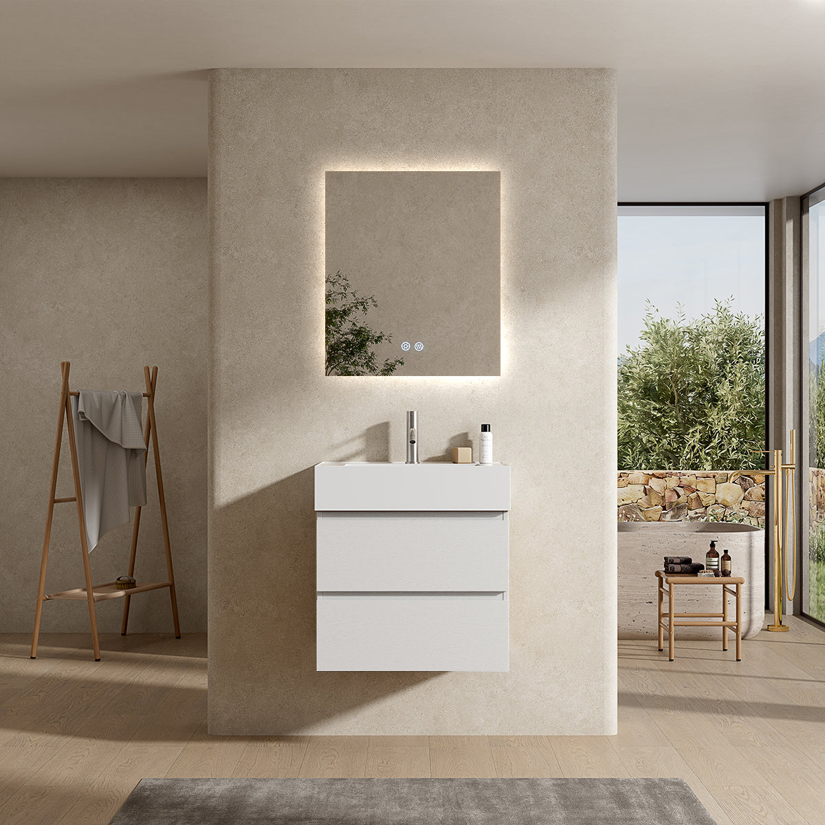 Mobile bagno sospeso 60 cm Bianco Lavabo in Resina Specchio Quadro Retroilluminato - Fiji Wood