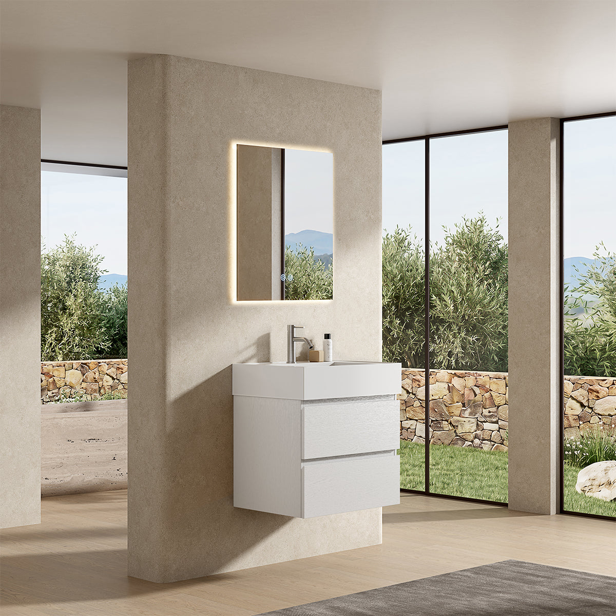 Mobile bagno sospeso 60 cm Bianco Lavabo in Resina Specchio Quadro Retroilluminato - Fiji Wood