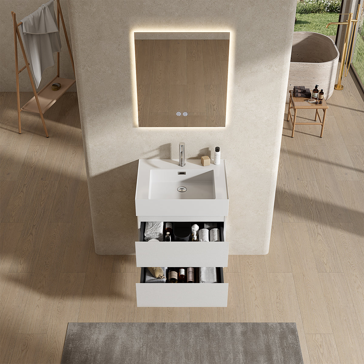 Mobile bagno sospeso 60 cm Bianco Lavabo in Resina Specchio Quadro Retroilluminato - Fiji Wood