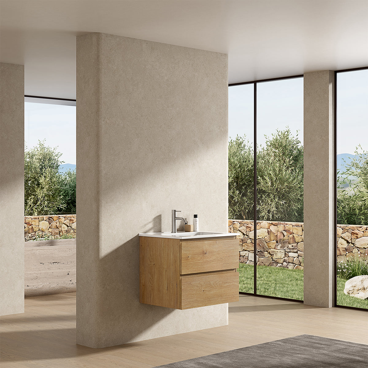 Mobile bagno sospeso 60 cm Bruno Medio Lavabo in Ceramica Senza Specchio - Fiji Wood