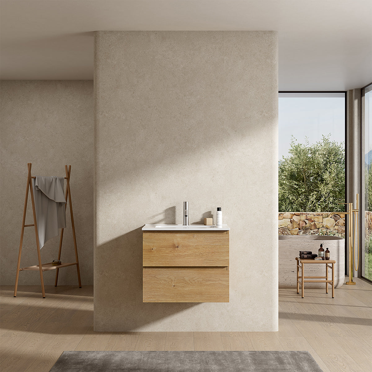Mobile bagno sospeso 60 cm Bruno Medio Lavabo in Ceramica Senza Specchio - Fiji Wood