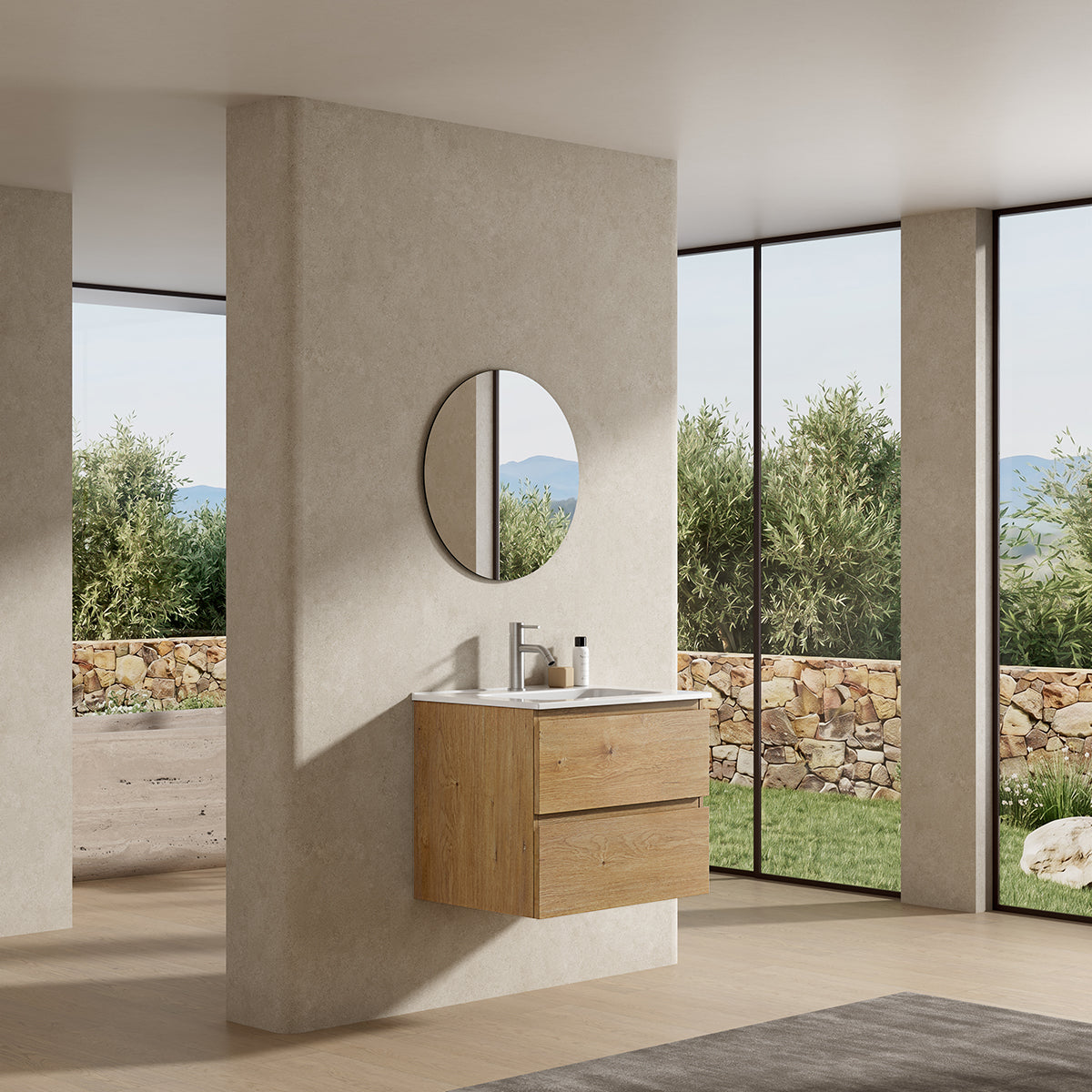 Mobile bagno sospeso 60 cm Bruno Medio Lavabo in Ceramica Specchio Tondo  - Fiji Wood