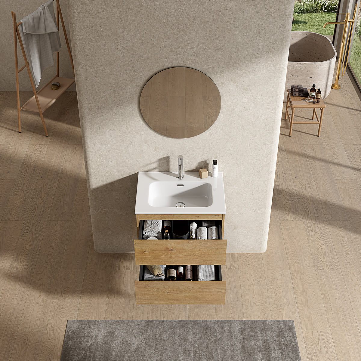 Mobile bagno sospeso 60 cm Bruno Medio Lavabo in Ceramica Specchio Tondo  - Fiji Wood