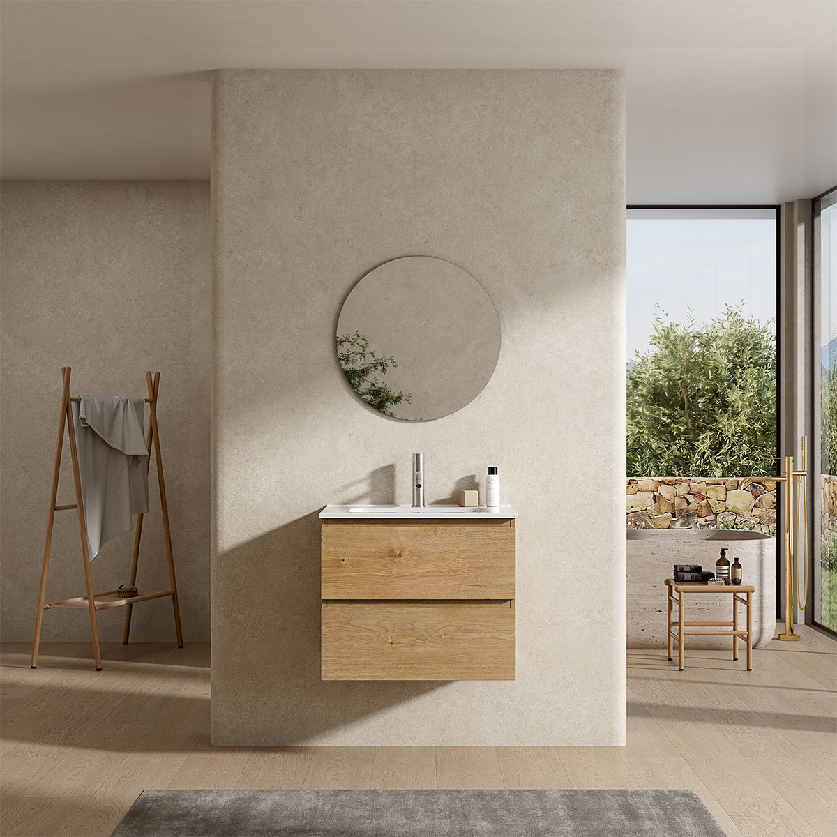 Mobile bagno sospeso 60 cm Bruno Medio Lavabo in Ceramica Specchio Tondo  - Fiji Wood