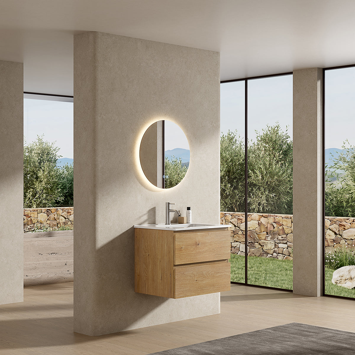Mobile bagno sospeso 60 cm Bruno Medio Lavabo in Ceramica Specchio Tondo Retroilluminato - Fiji Wood