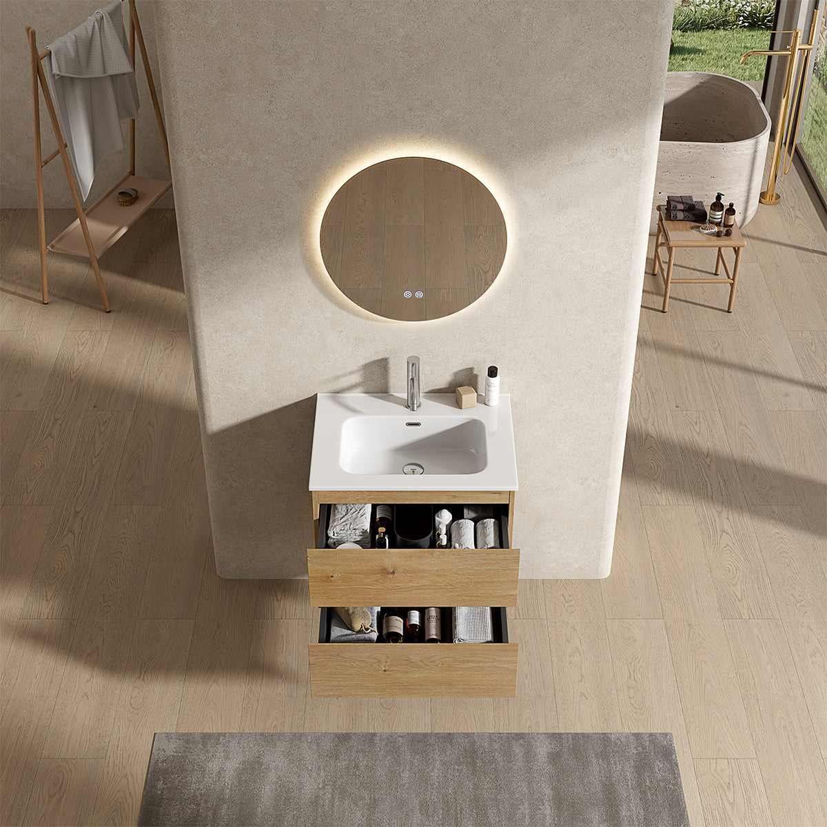 Mobile bagno sospeso 60 cm Bruno Medio Lavabo in Ceramica Specchio Tondo Retroilluminato - Fiji Wood
