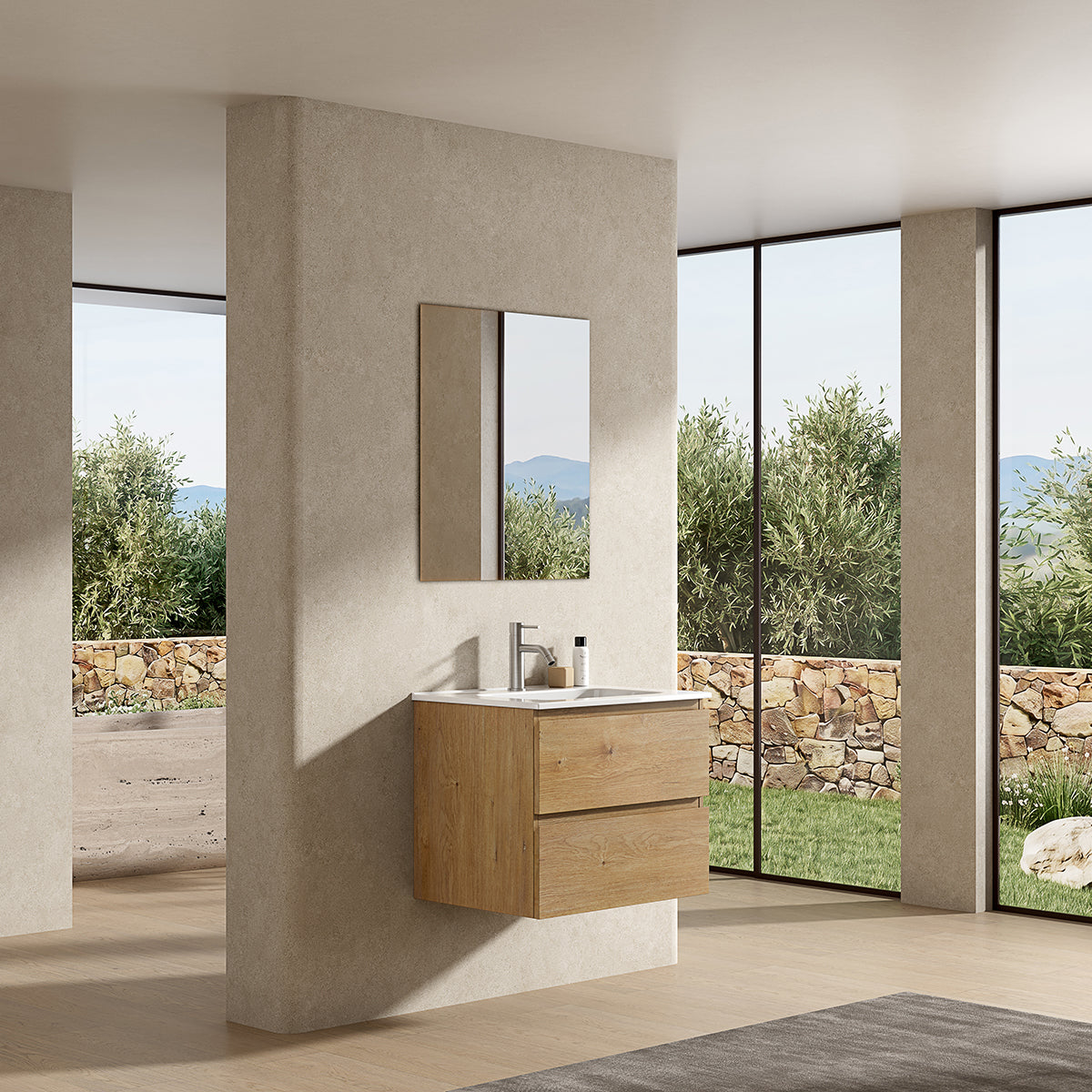 Mobile bagno sospeso 60 cm Bruno Medio Lavabo in Ceramica Specchio Quadro - Fiji Wood
