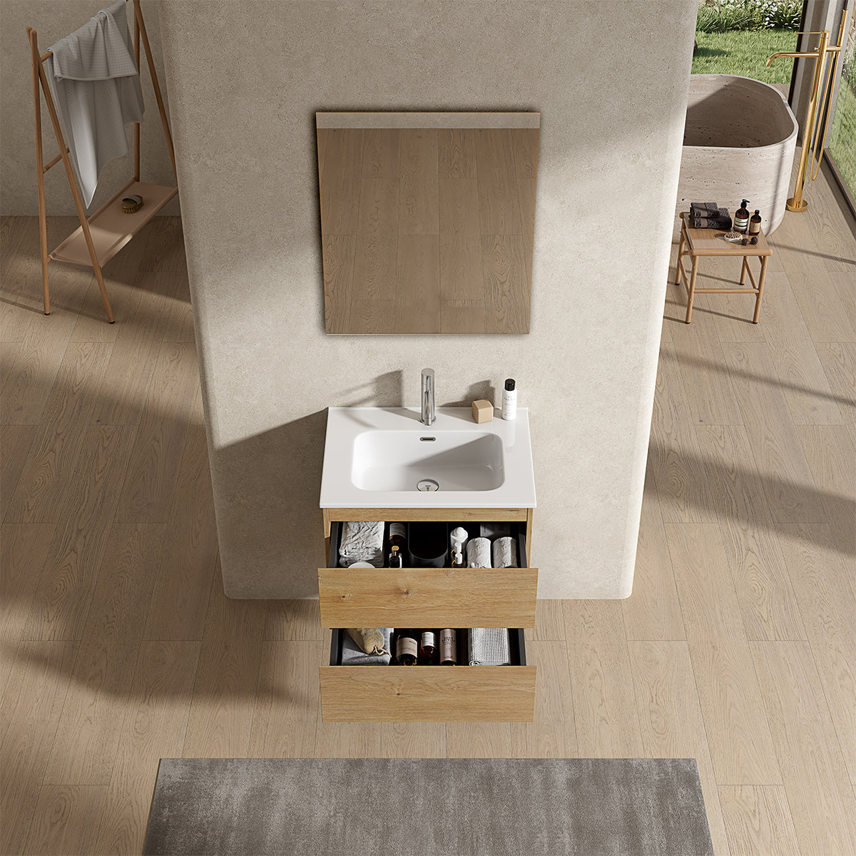 Mobile bagno sospeso 60 cm Bruno Medio Lavabo in Ceramica Specchio Quadro - Fiji Wood