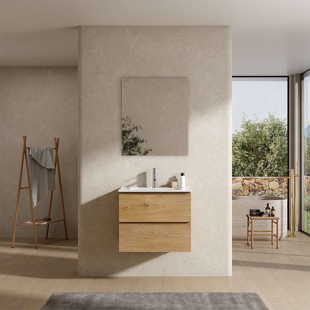 Mobile bagno sospeso 60 cm Bruno Medio Lavabo in Ceramica Specchio Quadro - Fiji Wood