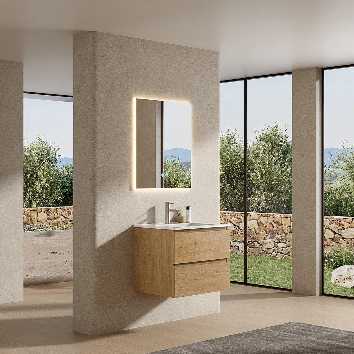 Mobile bagno sospeso 60 cm Bruno Medio Lavabo in Ceramica Specchio Quadro Retroilluminato - Fiji Wood