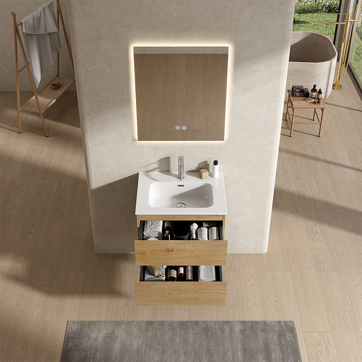 Mobile bagno sospeso 60 cm Bruno Medio Lavabo in Ceramica Specchio Quadro Retroilluminato - Fiji Wood
