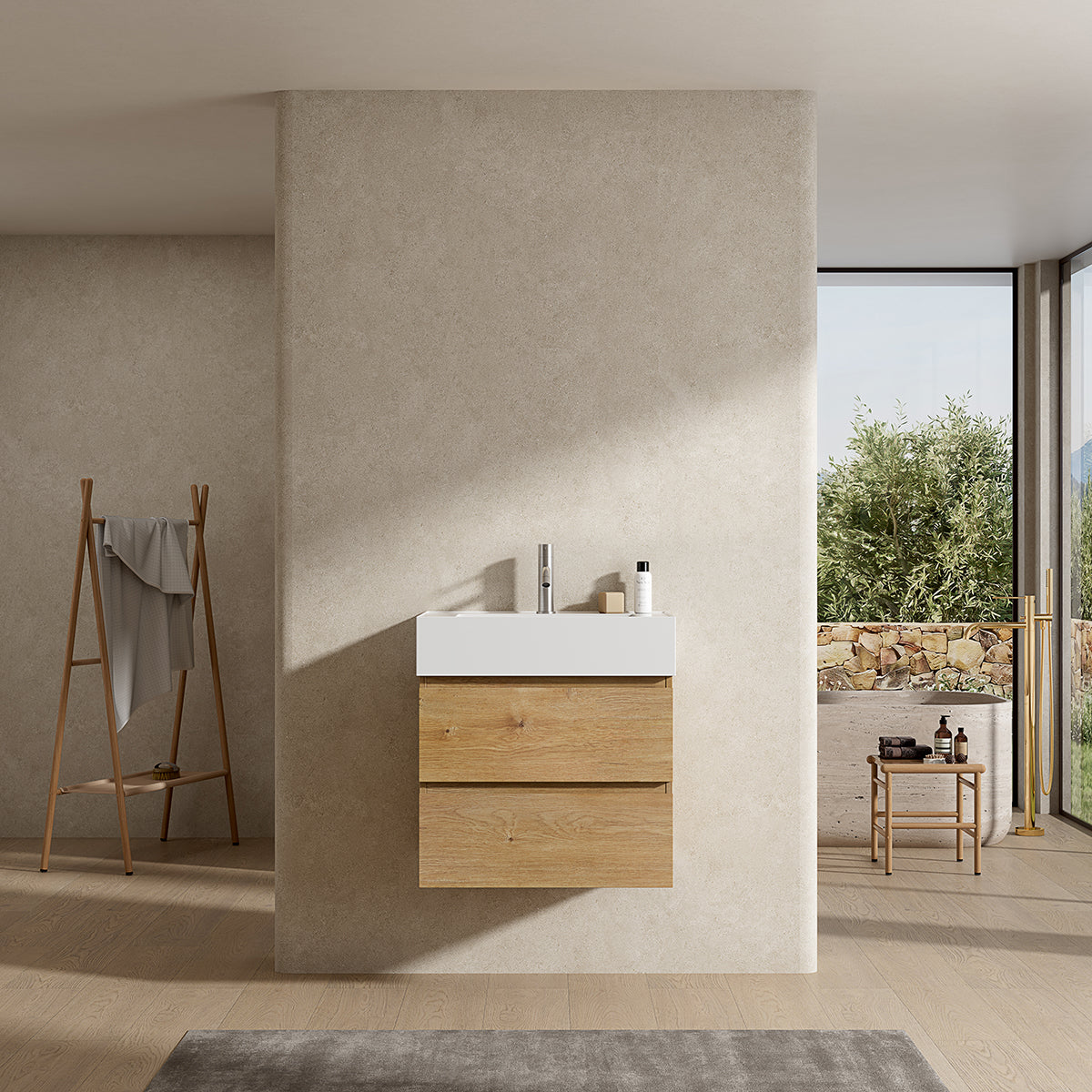 Mobile bagno sospeso 60 cm Bruno Medio Lavabo in Resina Senza Specchio - Fiji Wood