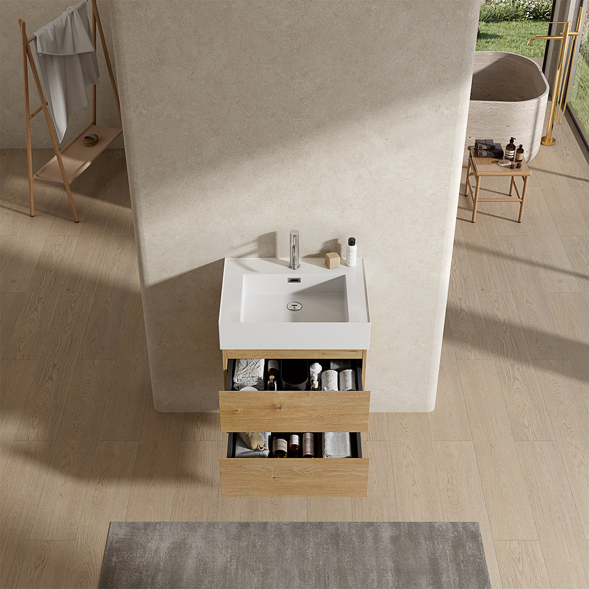 Mobile bagno sospeso 60 cm Bruno Medio Lavabo in Resina Senza Specchio - Fiji Wood