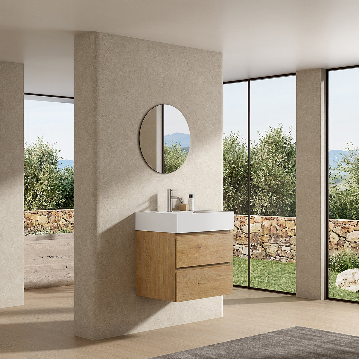 Mobile bagno sospeso 60 cm Bruno Medio Lavabo in Resina Specchio Tondo - Fiji Wood