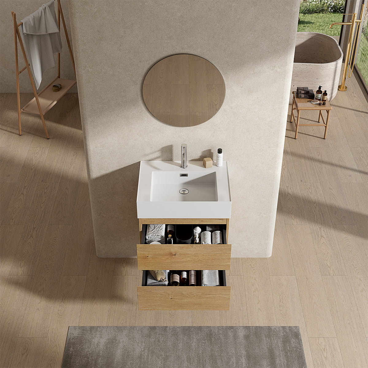 Mobile bagno sospeso 60 cm Bruno Medio Lavabo in Resina Specchio Tondo - Fiji Wood