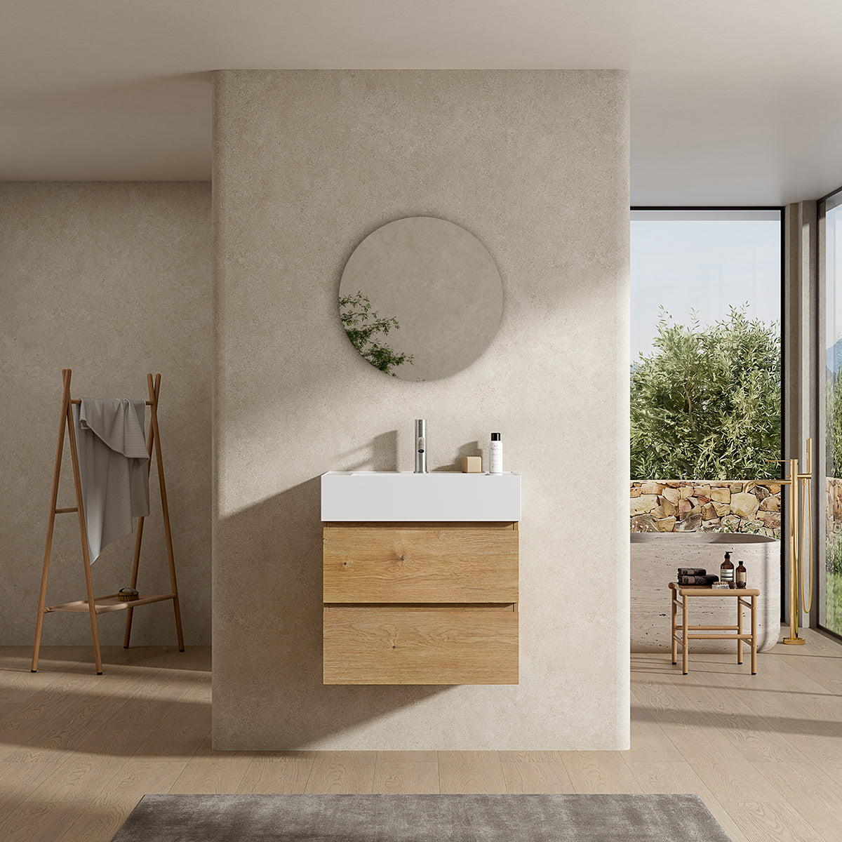 Mobile bagno sospeso 60 cm Bruno Medio Lavabo in Resina Specchio Tondo - Fiji Wood