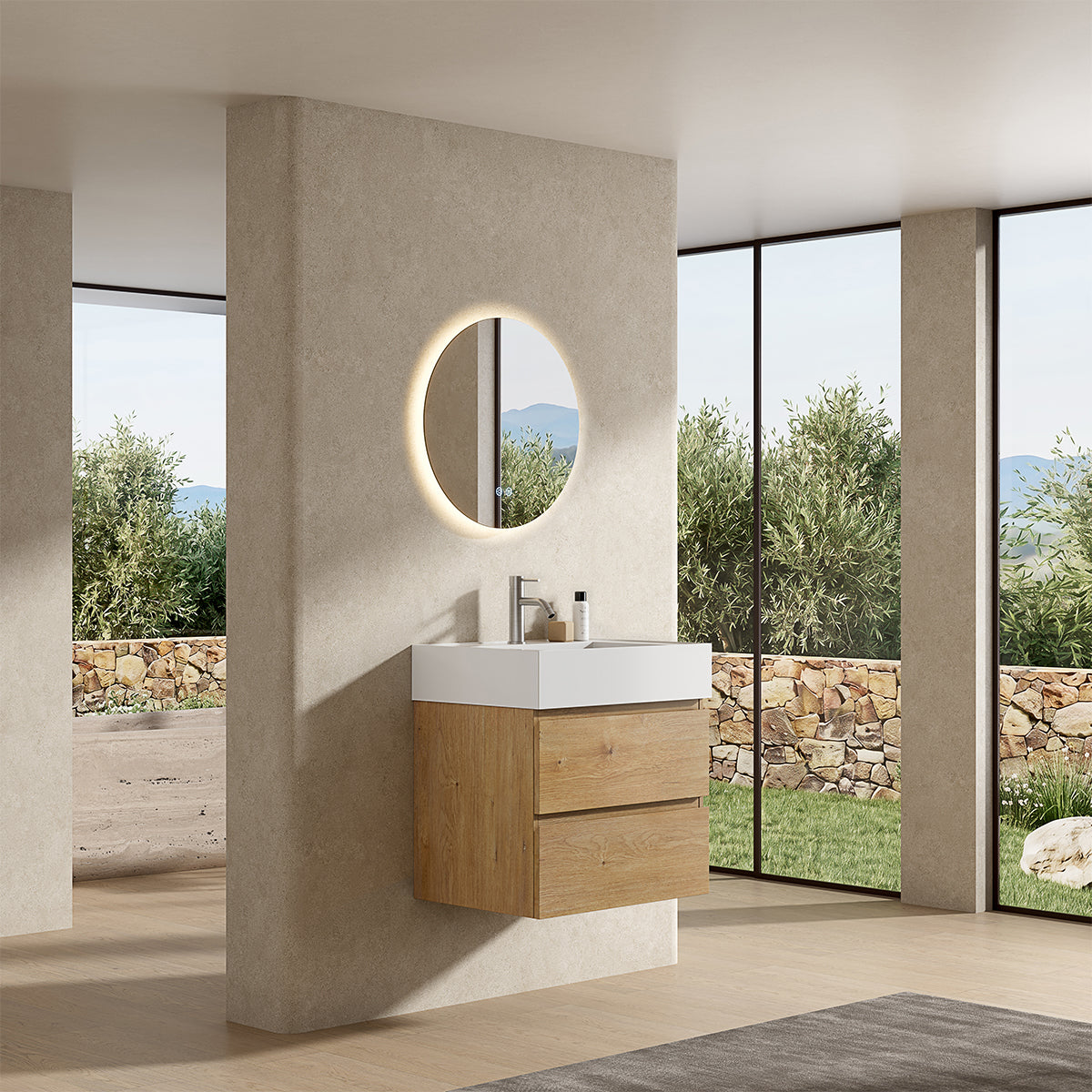 Mobile bagno sospeso 60 cm Bruno Medio Lavabo in Resina Specchio Tondo Retroilluminato - Fiji Wood