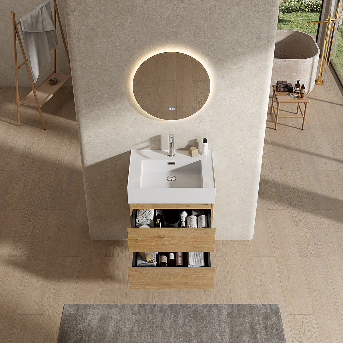 Mobile bagno sospeso 60 cm Bruno Medio Lavabo in Resina Specchio Tondo Retroilluminato - Fiji Wood