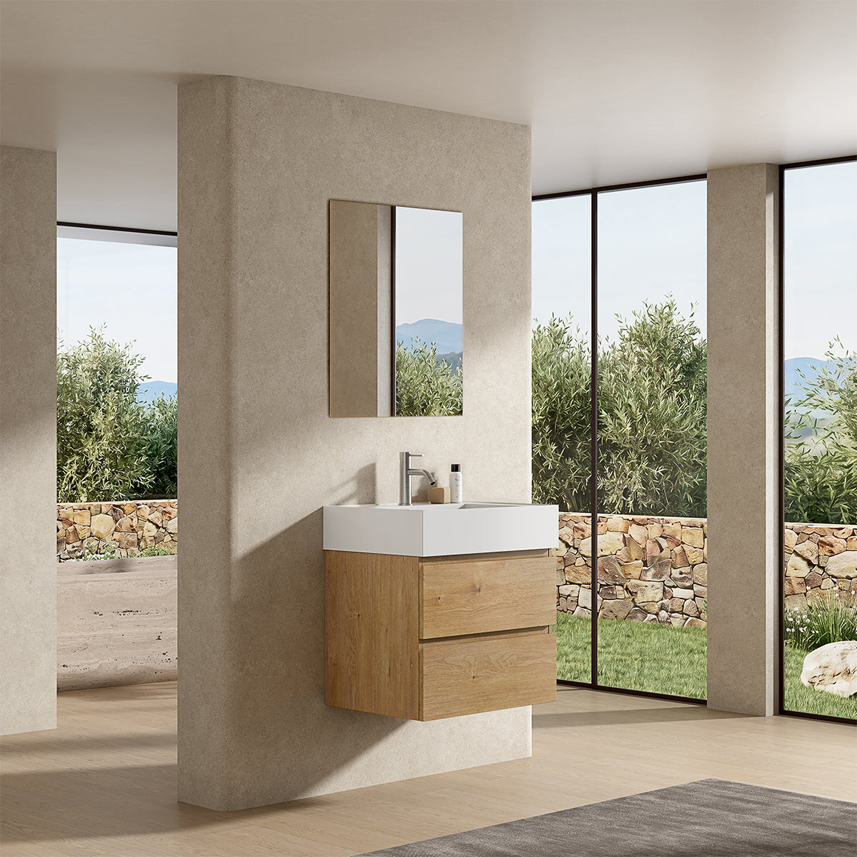 Mobile bagno sospeso 60 cm Bruno Medio Lavabo in Resina Specchio Quadro - Fiji Wood