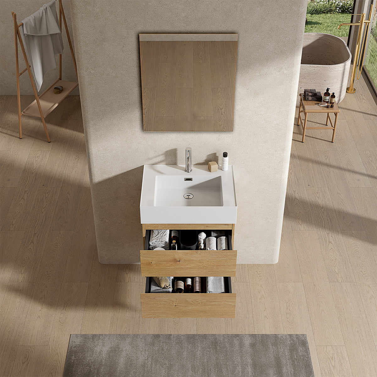 Mobile bagno sospeso 60 cm Bruno Medio Lavabo in Resina Specchio Quadro - Fiji Wood