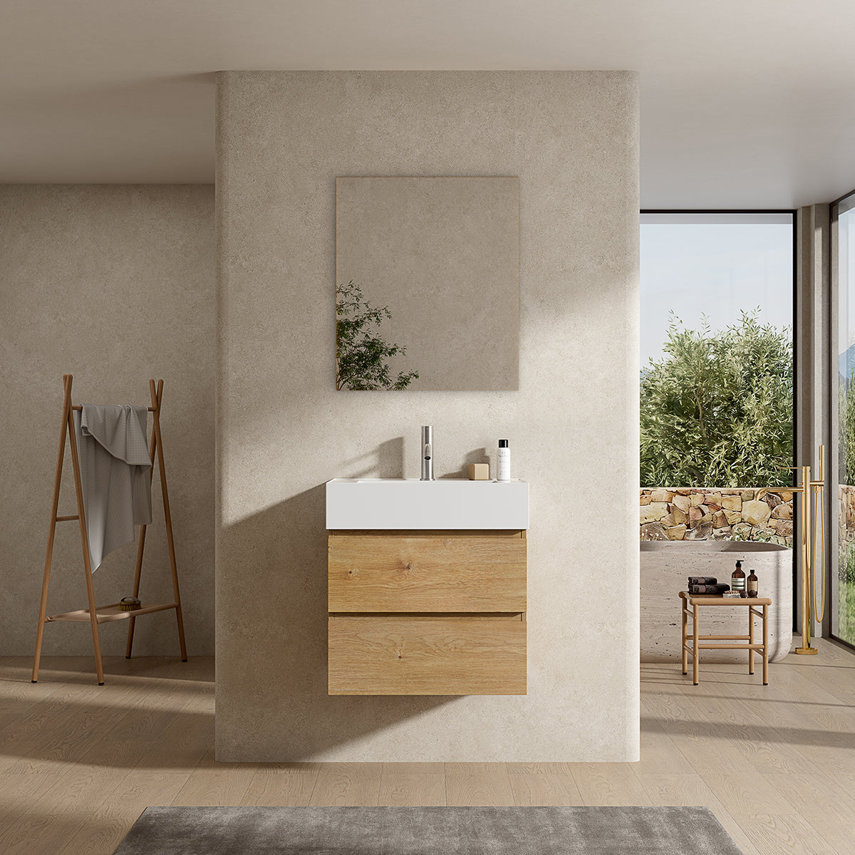 Mobile bagno sospeso 60 cm Bruno Medio Lavabo in Resina Specchio Quadro - Fiji Wood
